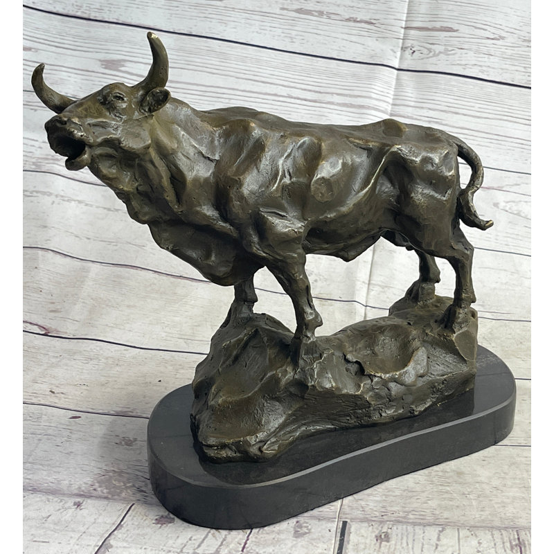 Bronze Bull Statue on Black Marble Base
