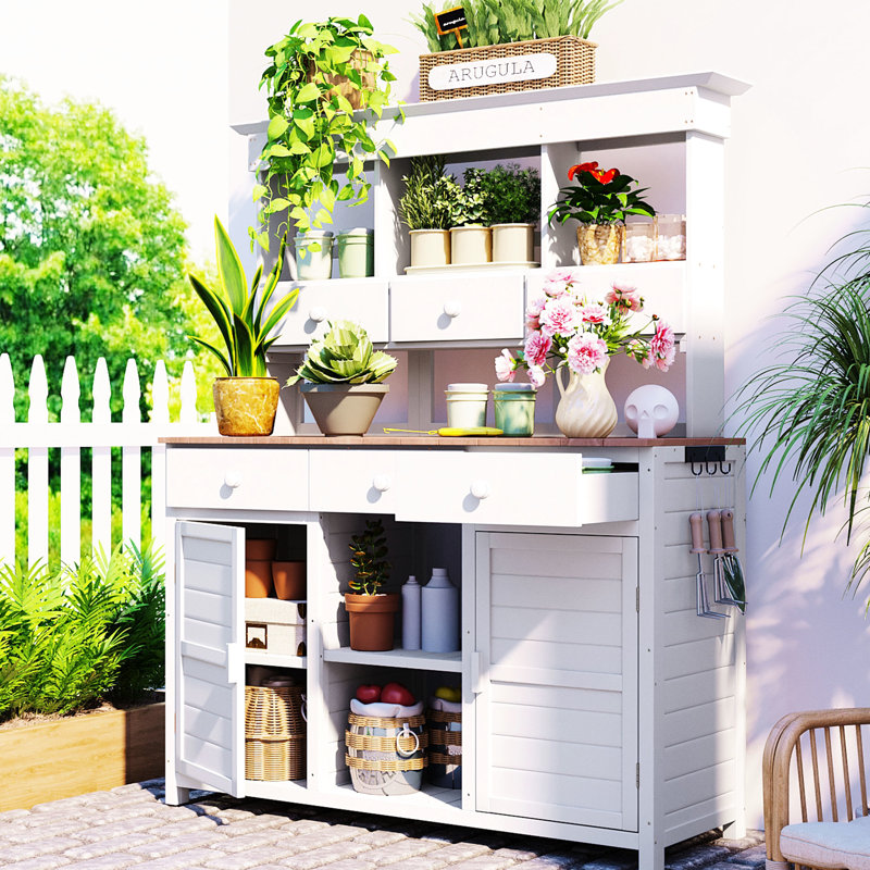 Potting Bench With Vertical Storage - 65.7'' H, White, 6 Drawers, 2 Cabinets, 3 Shelves & Hooks Tall Garden Workstation Cabinet Side