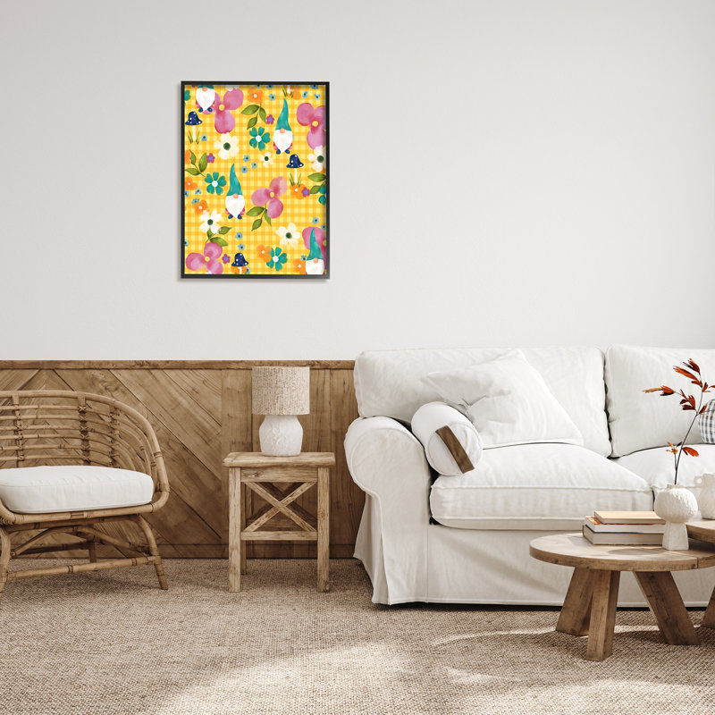 Printemps jaune à motif tartan, H 30 po x l 24 po x P 1,5 po, Giclée encadrée noir minuit