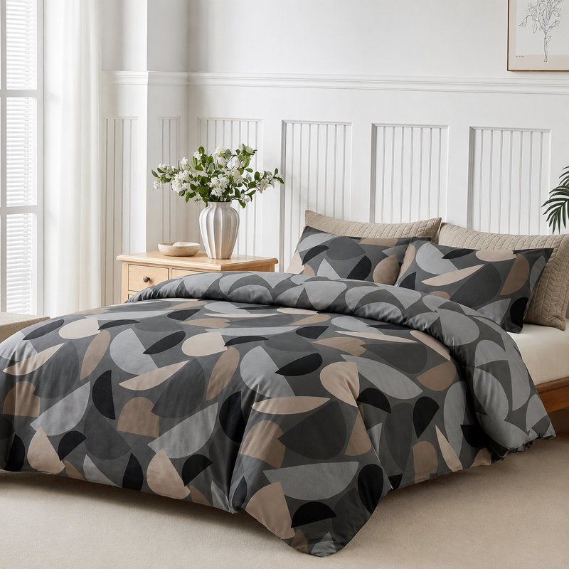 Bodie Charcoal Geometric Duvet Cover Set with Pillowcases — Abstract Graphic Print, Easy Care Polycotton, Sustainable BCI Cotton Bedding