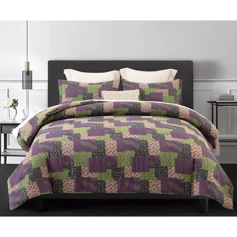 SLEEPBELLA Washed Double Layer Muslin 100% Cotton Comforter Set King Size, Purple Green Patchwork Fluffy Thick Checked Bedding Set, Soft Breathable (1 Comforter, 2 Pillow Shams)