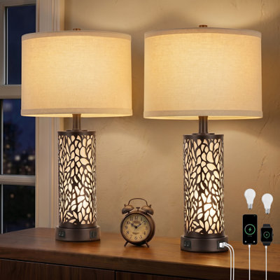 25" Table Lamps for Living Room, Rustic Metal Bedroom Lamps with USB A+C Ports, Vintage Nightstand Lamp with Night Light