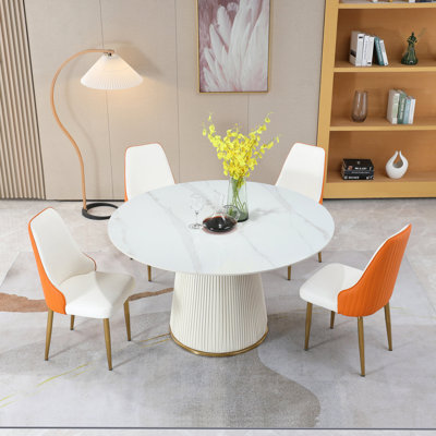 Table de salle à manger en pierre frittée de 53 po blanche ronde - avec capacité de résistance aux taches et à la chaleur de 53 po