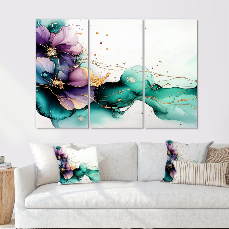 Violet éthéré de liquide encre liquide II - ensemble d'art mural abstrait vagues modernes, H 28 po x l 36 po, Toile tendue
