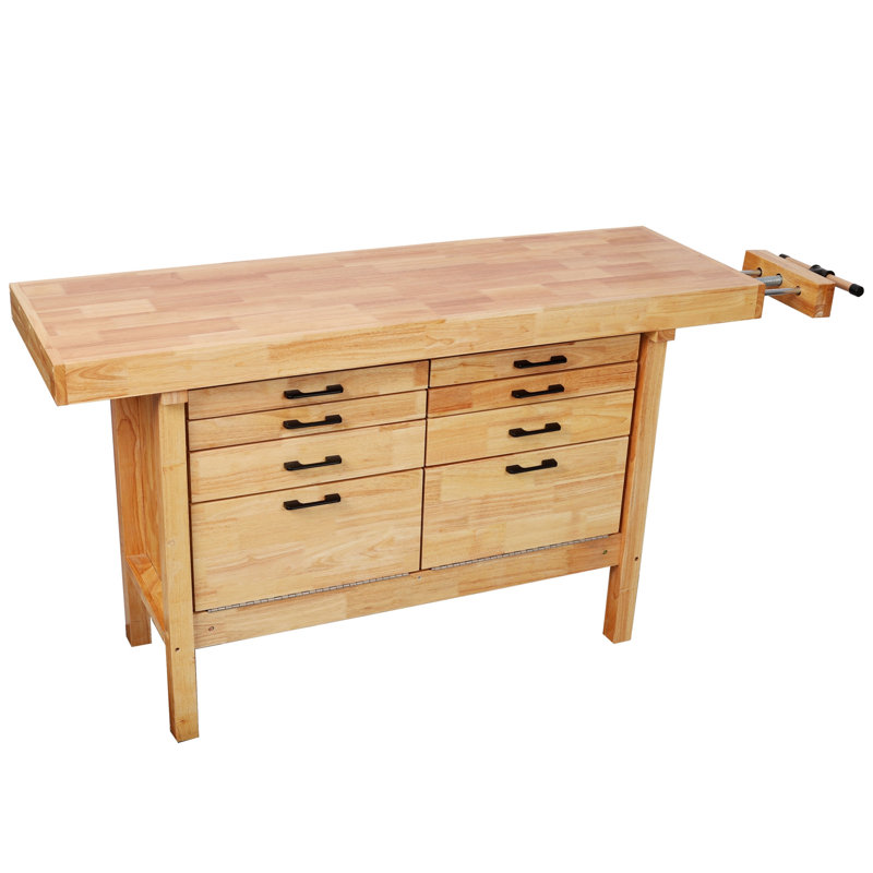 Établi en bois d'hévéa massif 62 1/2 po avec 8 tiroirs et étau intégré pour le travail du bois en atelier