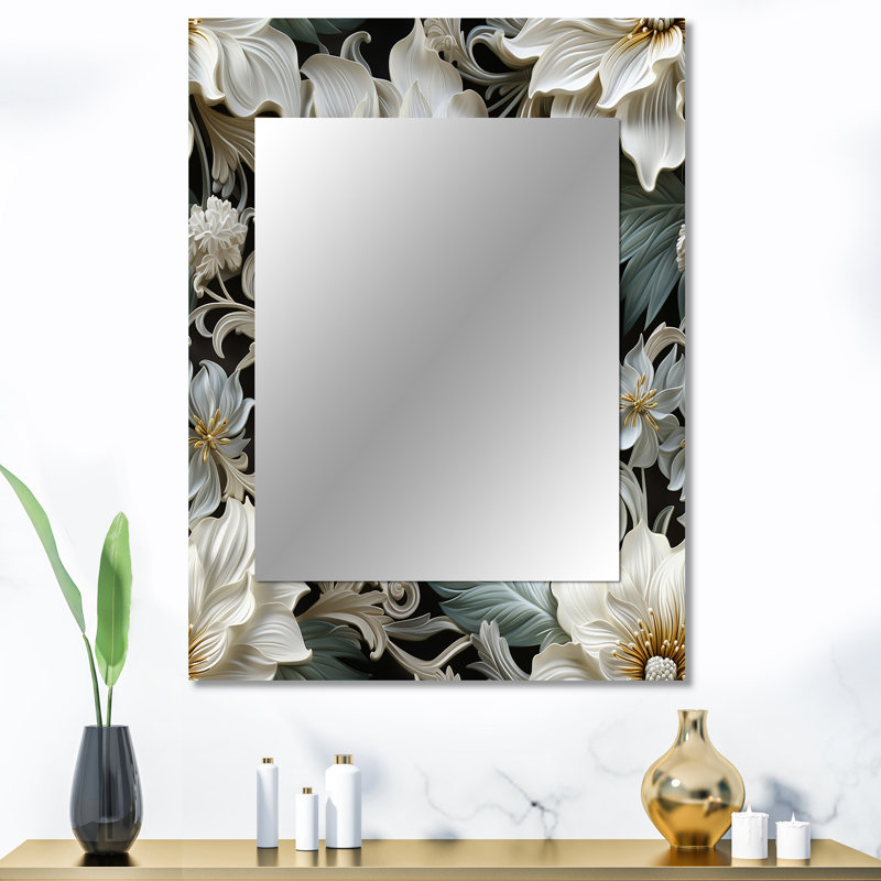 Andromède, motif de fleurs exotiques grises et blanches - miroir mural floral, miroir décoratif floral, impression d'art en métal