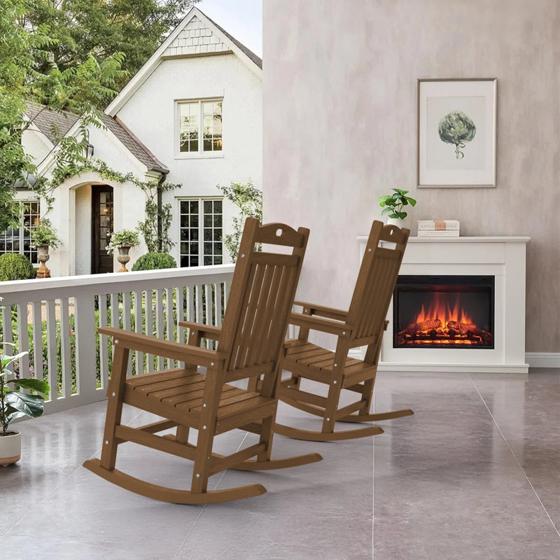Ensemble de 2 chaises berçantes d'extérieur en plastique surdimensionnées toutes saisons Adirondack, Brun