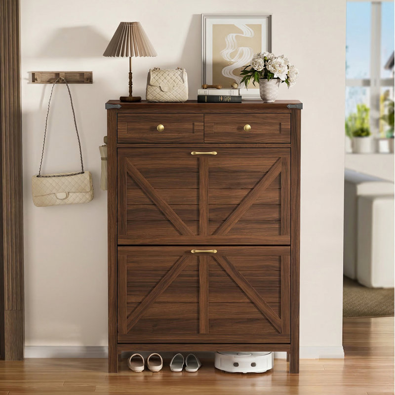 Shoe Storage Cabinet With 2 Flip Drawers & 2 Drawers, Freestanding Organizer With Wood Legs For Entryway, Narrow Shoe Rack Cabinet