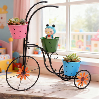 Vintage Style Metal Tricycle Planter With 3 Tier Flower Pots, Hand-Painted Outdoor Garden Decor Stand With Drainage Holes And Stable Non-Rolling Wheels