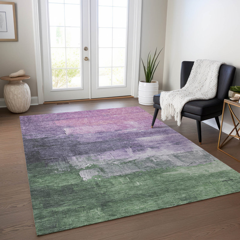 Lavender and Green Washable Synthetic Indoor/Outdoor Rug