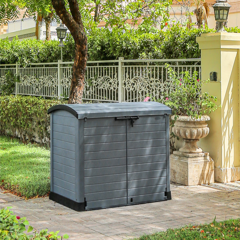 Arc Lid Rattan Horizontal Garbage Shed, Gray