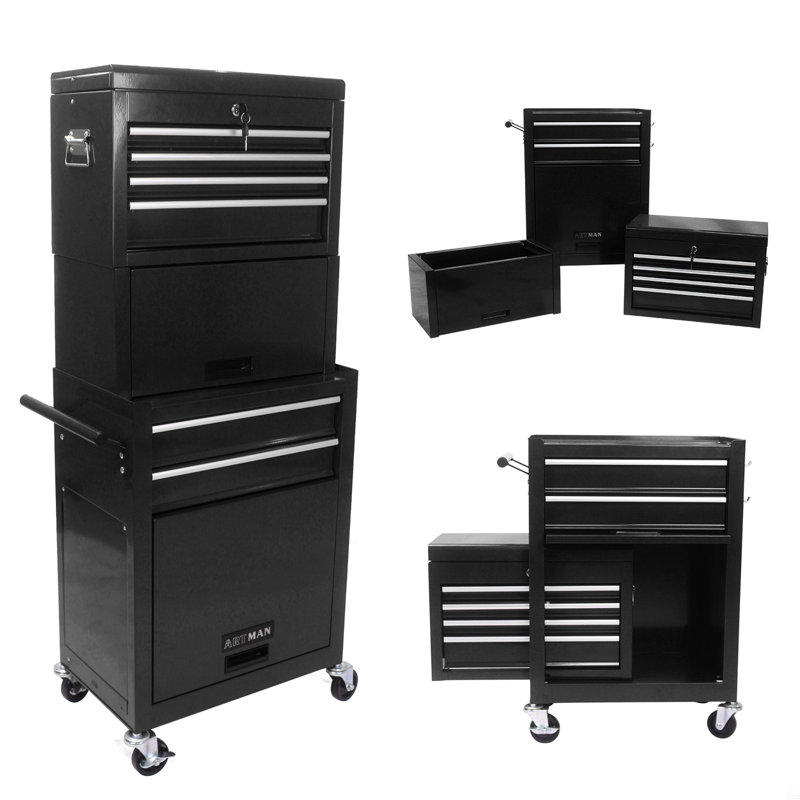 Armoire à outils sur roulettes, coffre à outils à roulettes verrouillable à 6 tiroirs avec 4 roues universelles, rangement pour boîte à outils amovible 2 en 1