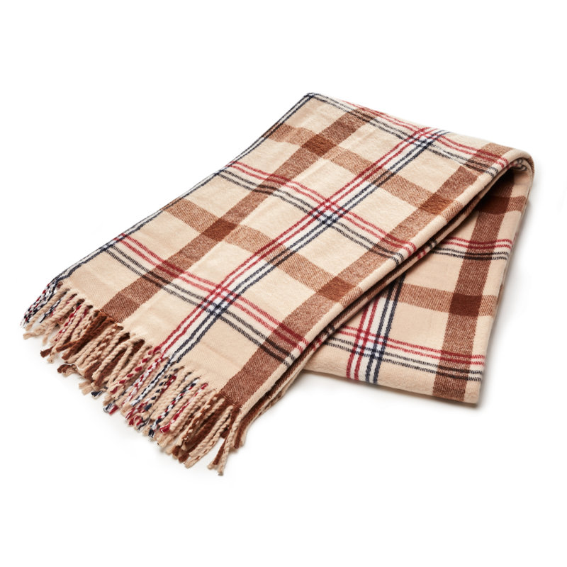Queen Size Beige and Brown Plaid Acrylic Throw Blanket