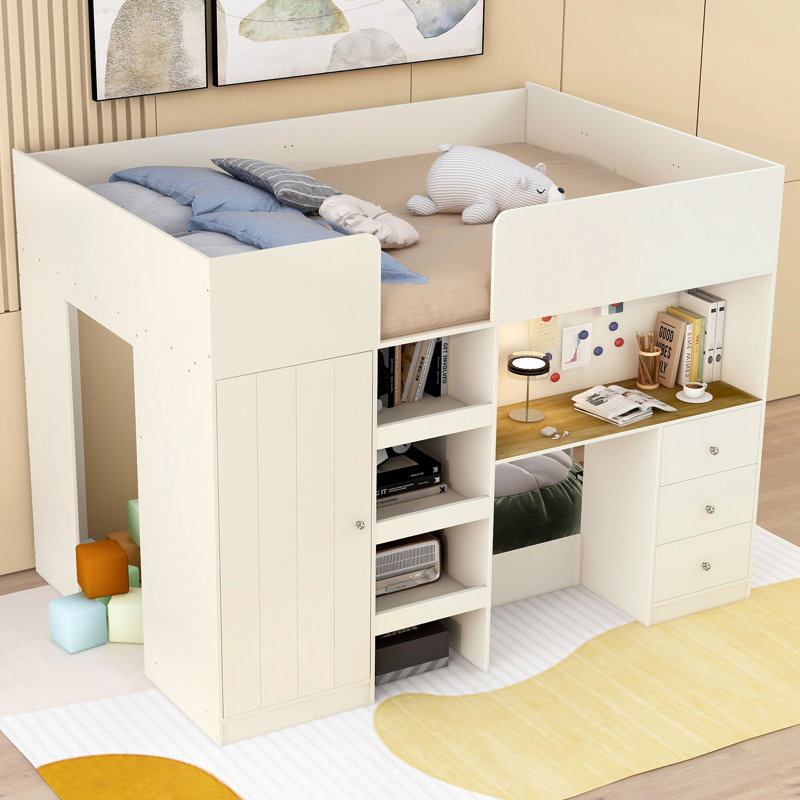 Lit mezzanine en bois avec garde-robe intégré, Beige