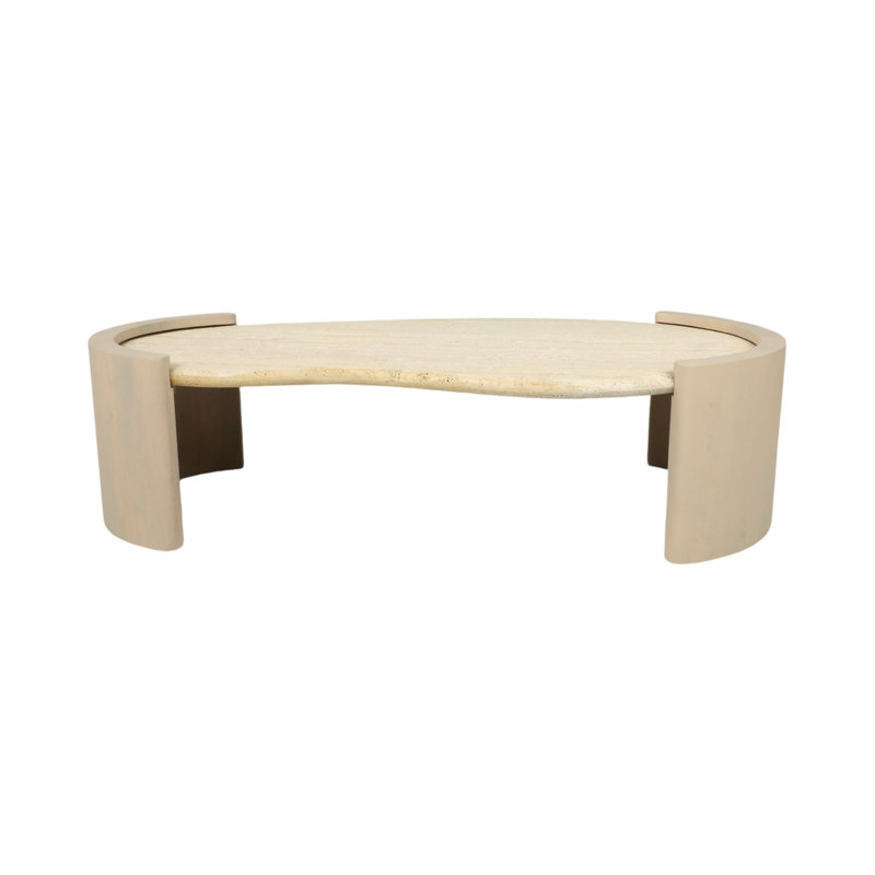 Coffee Table with Travertine Top and Light Wood Base, Living Room Table with Organic Modern Design, 57"