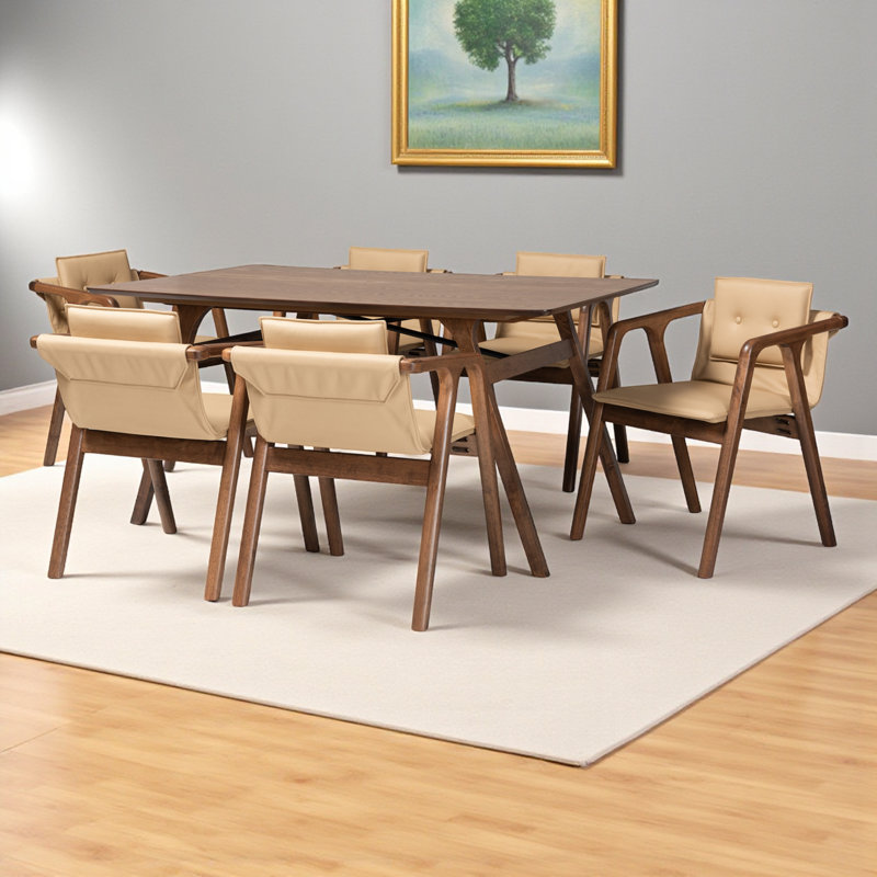 Ensemble de salle à manger 7 pièces Karalyne en similicuir beige H 29,5 po x l 21,7 po x P 21,1 po, Beige / brun noyer