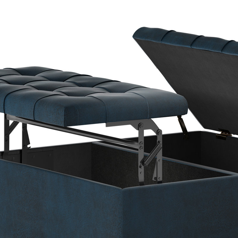 Distressed Dark Blue Tufted Faux Leather Cocktail Ottoman