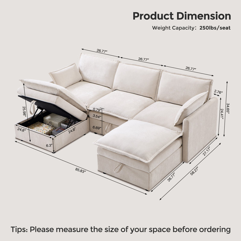 Canapé modulaire de 86 po avec grand espace de rangement, canapé modulaire en U en chenille avec repose-pieds, avec coussins de siège profonds et coussins décoratifs