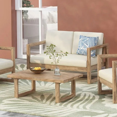 Outdoor Acacia Wood Loveseat And Coffee Table Set With Cushions, Brown Wash, Beige