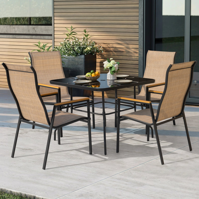 Ensemble de salle à manger 5 pièces avec trou pour parasol et chaises empilables PVC-coated polyester