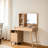 Natural Wood Makeup Vanity Set with Mirror, 4 Drawers, Open Shelves and Gray Upholstered Stool