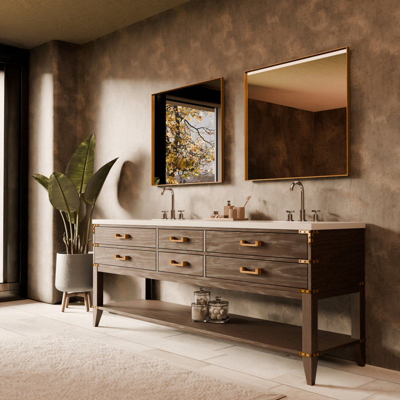 84" Double Bathroom Vanity Set, Brown Oak, White Cultured Marble