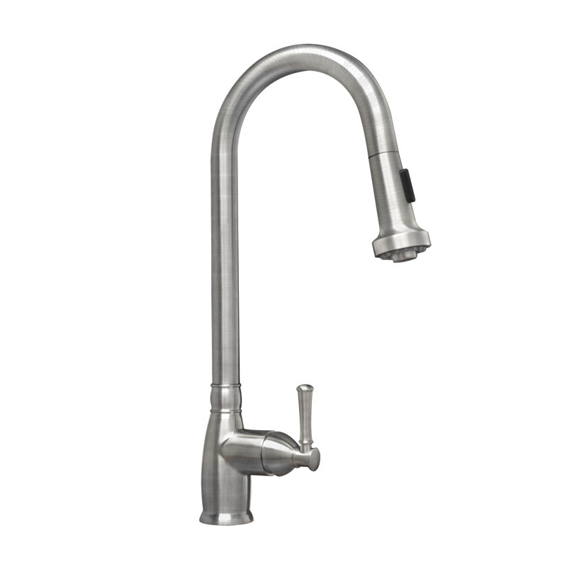 Whitehaus Collection Stainless Steel Single Lever Gooseneck Kitchen Faucet with Pull-down Spray Head, BRUSHED STAINLESS STEEL