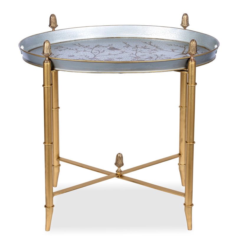 Pewter Round Tray & Gold Table with Finials, Gold/Pewter