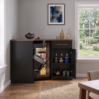L Shaped Corner Bar Cabinet With Mini Fridge Cutout, Home Coffee Bar Station With Tilt Out Trash Bin Storage & Built-in Power Outlet (Fridge not included)