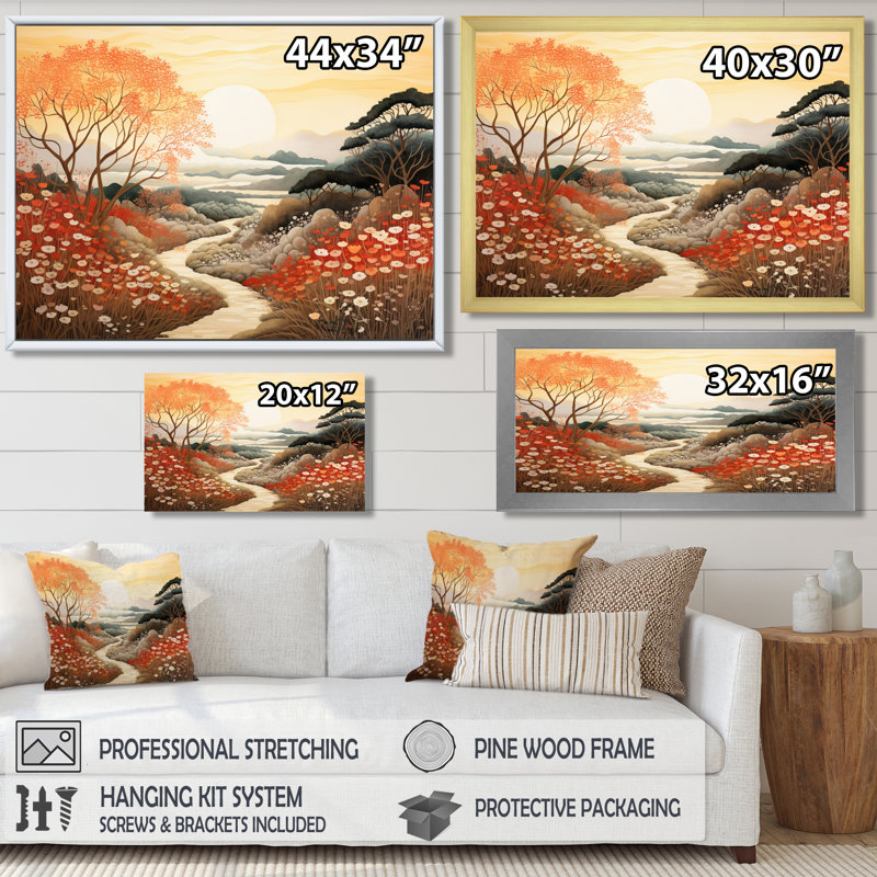 «Autumn Floral Country Road Sunset», impression d'art mural campagne, Toile avec cadre flottant brun