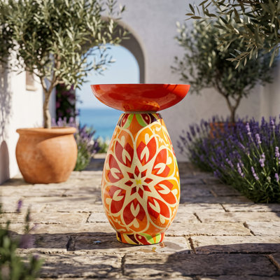 Bain d'oiseaux extérieur en verre médaillon de 48 cm de haut pour jardin - Bleu