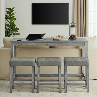 59 Inch Bar Table, Dining Table, Sofa Table with Power Outlet, 3 Upholstered Stools, 4 Piece Bar Table and Chair Set for Living Room, Dining Room, Kit by 17 Stories