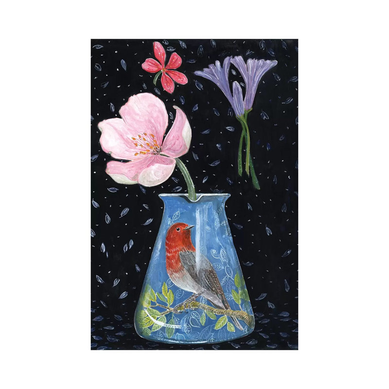 Blue Vase With Robin by Miri Eshet - Painting on Canvas, 101.6 cm H x 66.04 cm W x 1.91 cm D, Wrapped Canvas