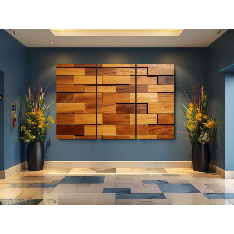 Reproduction d'art moderne sur toile de bois moderne - art mural triptyque géométrique 3D rustique, panneaux abstraits de texture de bois brun, grand ensemble de décoration de salon, reproduction de peinture