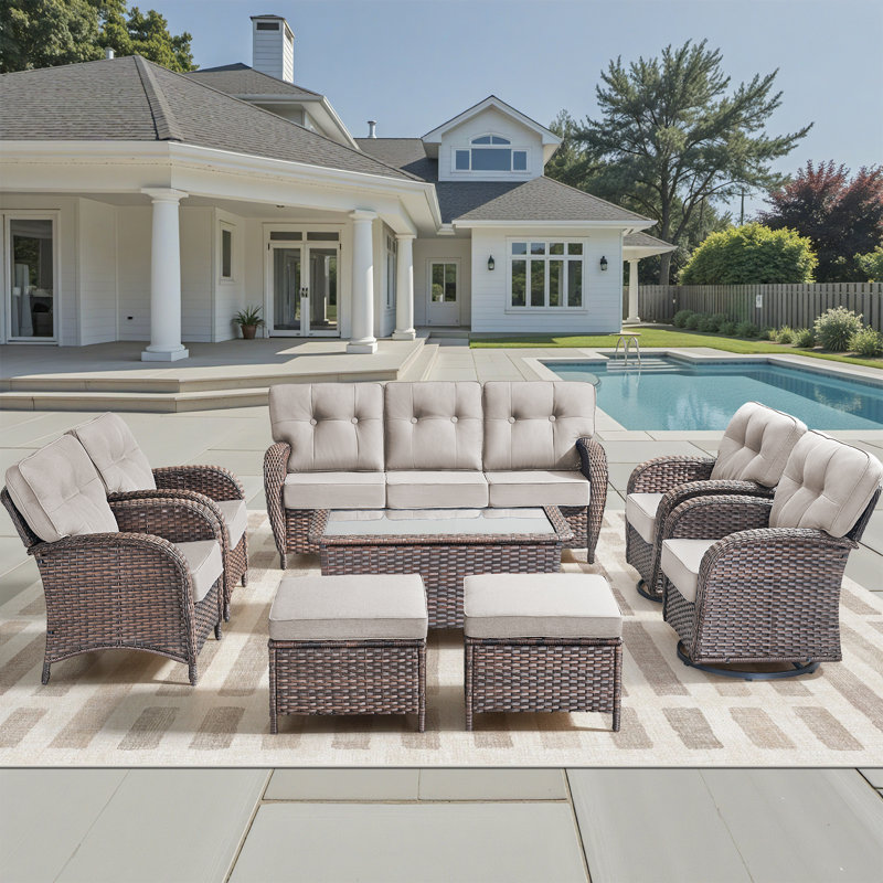 8-Piece Patio Furniture Complete Set, All-Weather Outdoor Seating Set With Swivel Glider Chairs, Beige