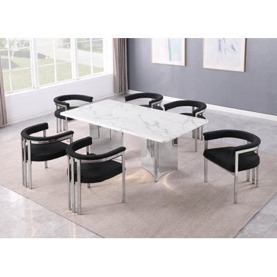 Grand White Marble Dining Set With Boucle Fabric Side Chairs