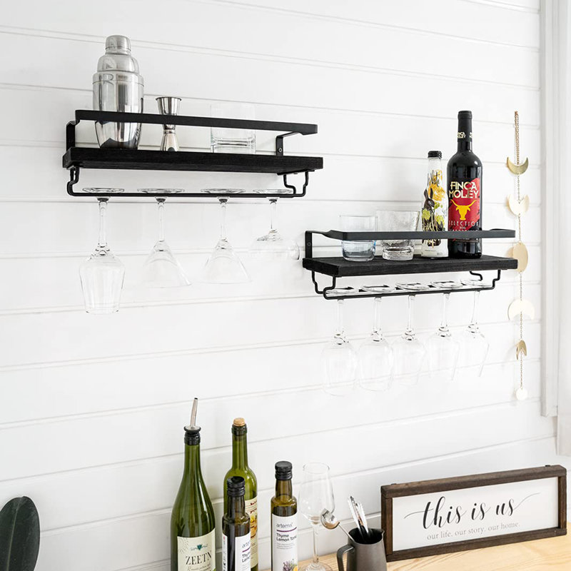 Dory 2 Bottle Wall Mounted Wine Bottle & Glass Rack, Black