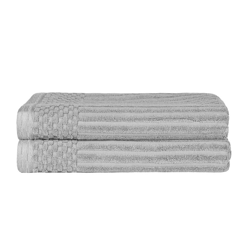 Ruvins Cotton Highly Absorbent Solid and Checkered Border Bath Towel Set, Silver