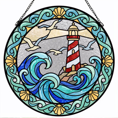 Lighthouse Waves Stained Glass Window Panel，12"H