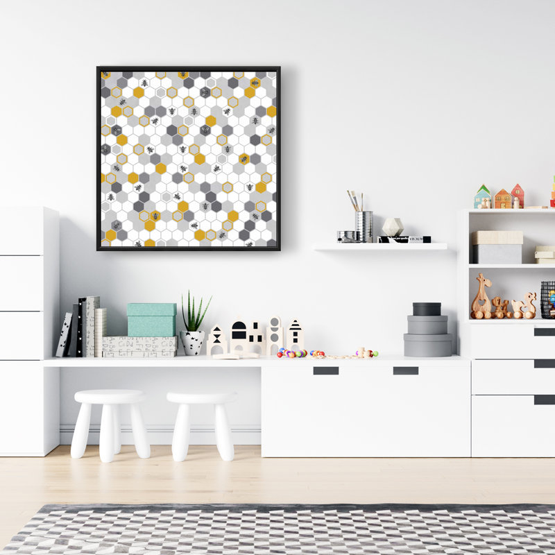 Beehive Pattern Print On Canvas, Black Framed Canvas, 24" H x 24" W