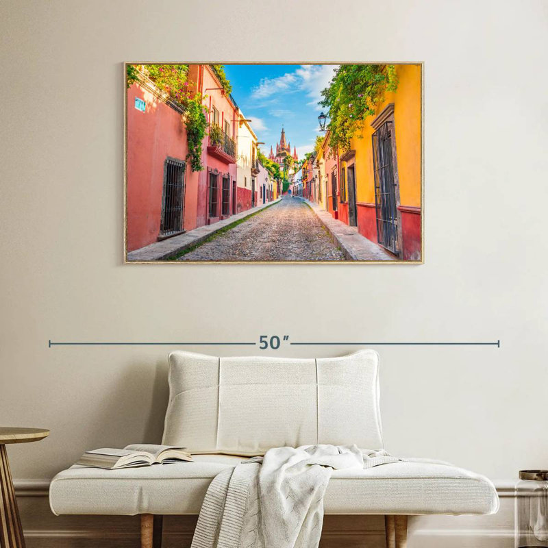 Quaint San Miguel Street, Floating Frame Natural Wood, 40" X 27"
