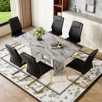 63" Dining Table Set For 6, Modern Dining Room Table Set With Wood Table & Ergonomic Chairs