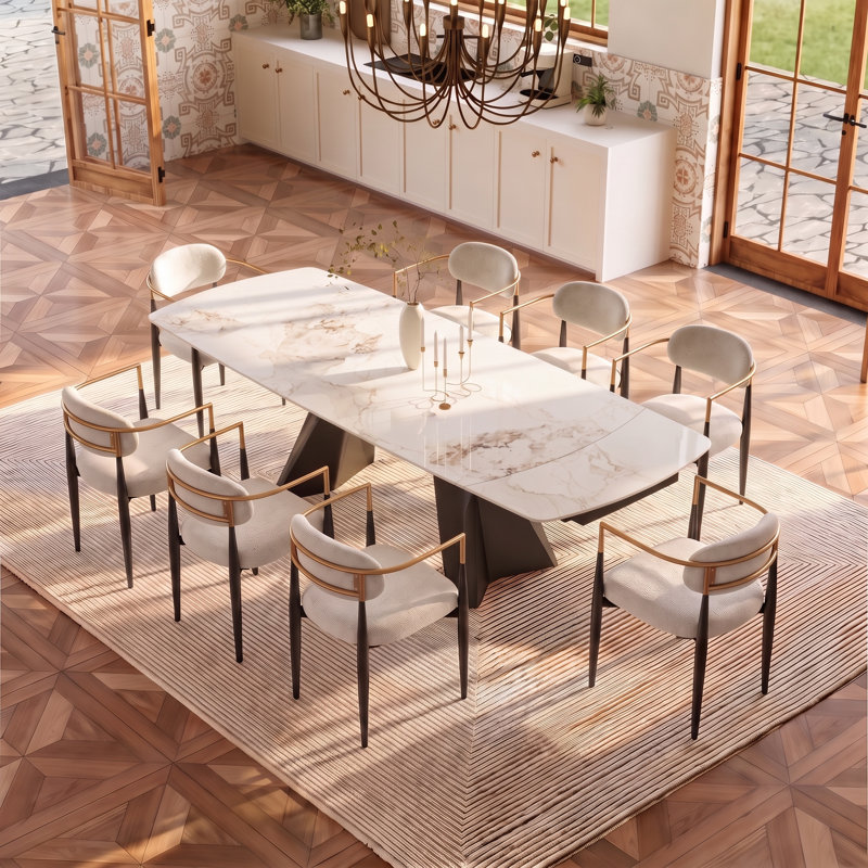 Ensemble de table de salle à manger extensible pour 8, table en pierre frittée 9 pièces avec 8 chaises, grande cuisine moderne et ensemble de salle à manger