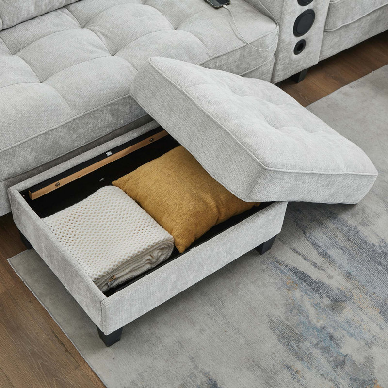 Modern Sectional Sofa with Multi-Functional Console and Bluetooth Speakers, Light Gray