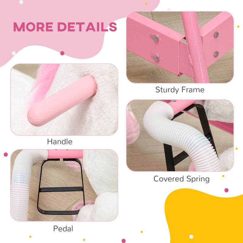Cheval à bascule Qaba Kids Unicon, cheval à cheval pour filles et garçons avec sons d'animaux, animal en peluche avec douceur au toucher, jouet interactif pour enfants, rose