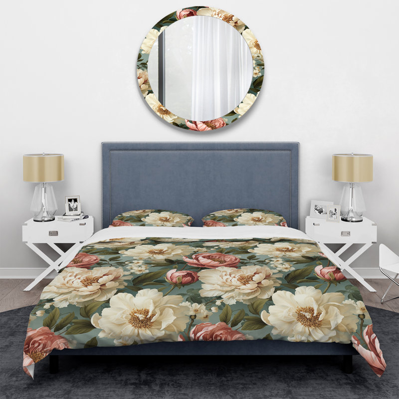 Ensemble de housse de couette Antique Pivoines, Housse de couette pour grand lit et 2 taies décor