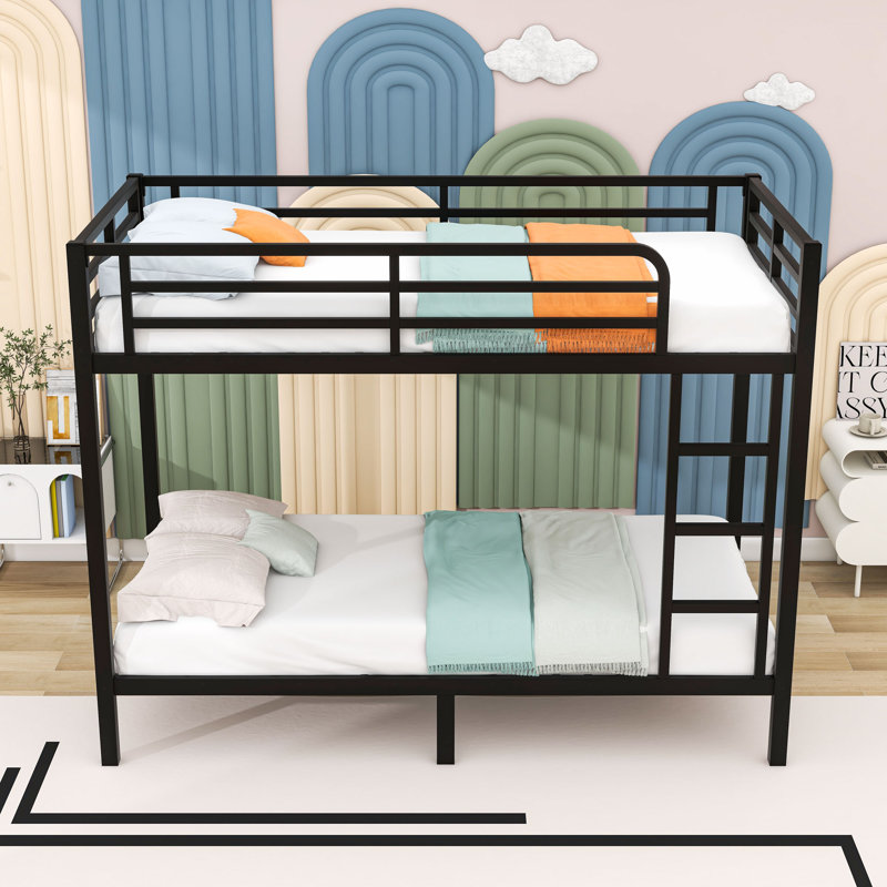 Metal Bunk Bed With Guardrails And Ladder, Black, Twin XL Over Twin XL