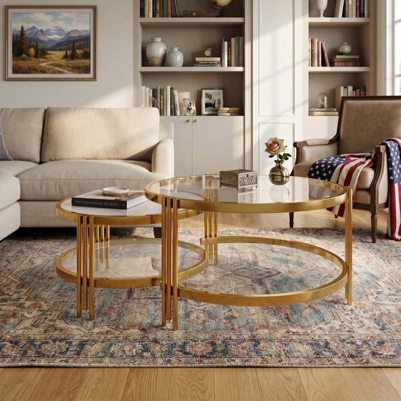 Ensemble de 2 tables gigognes 32,75 "à finition dorée avec table basse en verre texturé Frame Structure solide Table Table basse gigogne pour salon