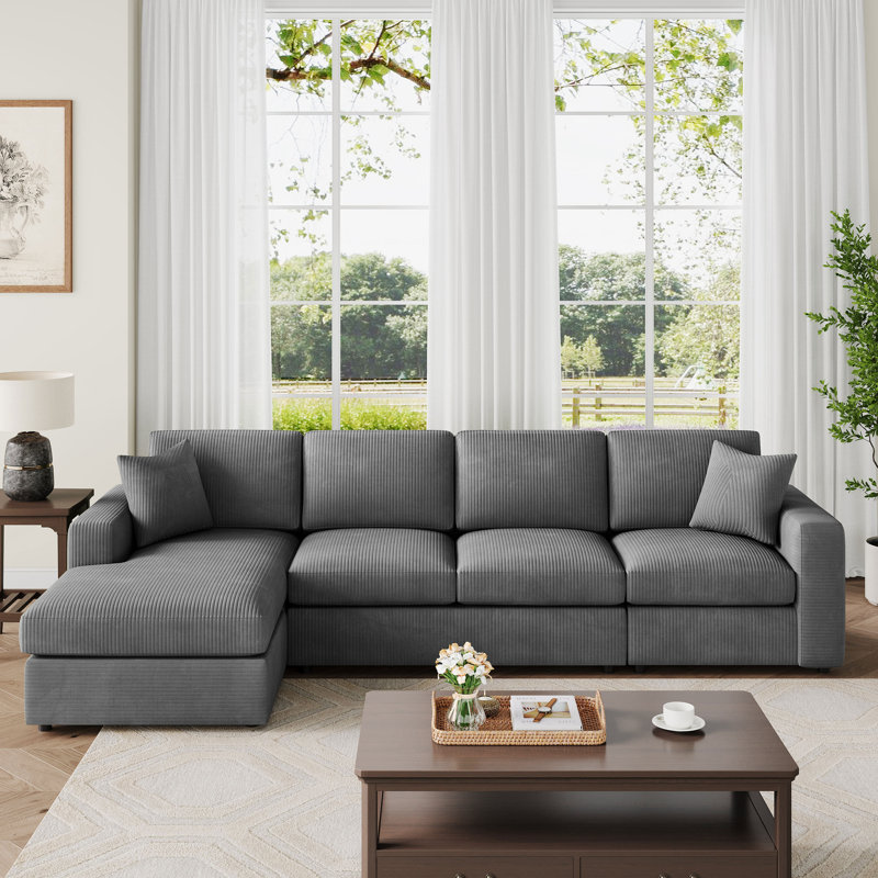 Canapé modulaire en L 3 pièces en velours côtelé, Velours côtelé chameau