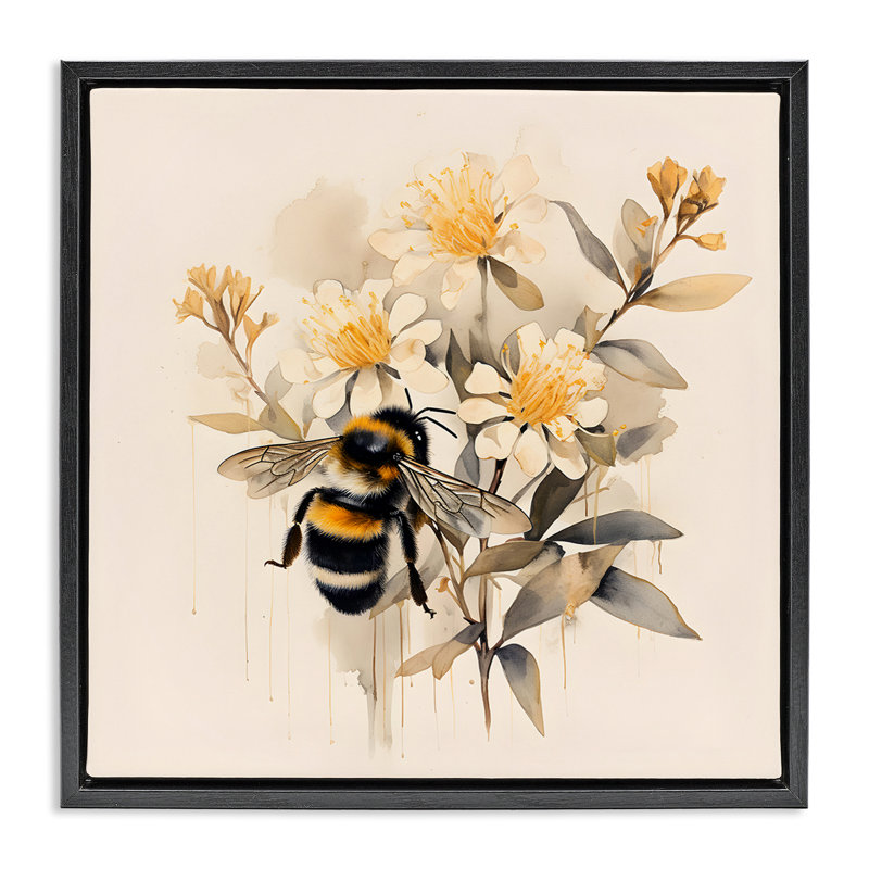 «Honeybee with Daisies», art mural encadré flottant par Petal Prints Design, Cadre flottant noir de jais, H 18 po x l 18 po